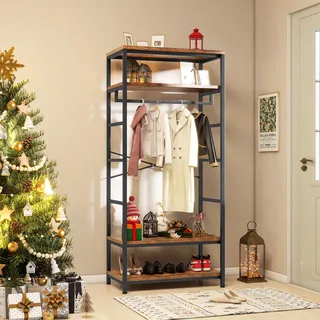 YITAHOME Garderobenständer, Hoher Garderobe, Industrieller Garderobenständer mit 4 Ablagen, Bodenstehende Kleiderstange mit Schuhablage, Kleiderständer für Flur, Wohnzimmer, Vintagebraun