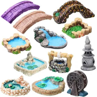 Jetec 12 Stück Gartenzubehör Miniaturbrücke Mini-Leuchtturm Wasserbrunnenbrücke Figuren Teich Rasen Garten Ornament Figuren für DIY Handwerk Garten Dekor (klassischer Stil)
