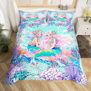 Nette Meerjungfrau Bettbezug Set S Größe Kinder Mädchen,Lila blaue Koralle Bettwäsche Set Träumende Unterwasser Welt Tröster Abdeckung Romantische Girly Cartoon Quilt Cover Frau Teens Zimmer Dekor