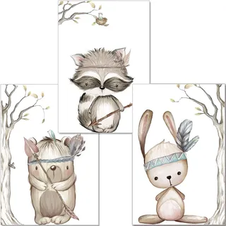 artpin® 3er Set Poster Kinderzimmer - A4 Bilder Babyzimmer Waldtiere - Deko Junge Mädchen (P23)