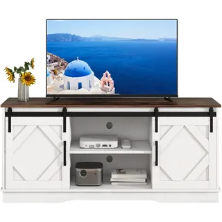 Großer TV-Schrank TV Stand Sideboard Entertainment Center mit 2 klassischen Schiebetüren Einstellbare Regale für Wohnzimmer Esszimmer Landhaus - Weiß