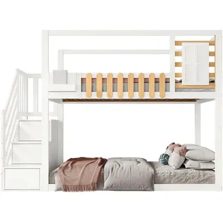 Stilvora Etagenbett 90/200 cm & 90/200 cm in Weiß & Natur Kinderbett mit Treppe, Regalfächern und Fallschutz , Weiß, Naturfarben , Holzwerkstoff , 90x200 cm , Babymöbel & Kindermöbel, Kinderzimmer & Jugendzimmer, Stockbetten