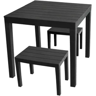 Multistore 2002 3tlg. Gartengarnitur Gartentisch Bali 78x78cm + 2X Hocker Timor Kunststoff Holzoptik Anthrazit