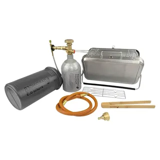 Mobiler Koffergrill aus Edelstahl für Gaskartuschen und Holzkohle | Klappbarer Camping-Grill für Picknick und Outdoor mit Grillzange | 31x20x7 cm + Umfüllset für Propanflasche 0,5kg