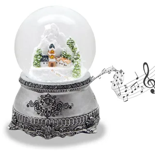 Schneekugel Bergdorf | Sockel Zinnoptik Ornamente | mit Spieluhr | Schüttelkugel Weihnachtsdekoration | B: 10 cm H: 14 cm | 20251