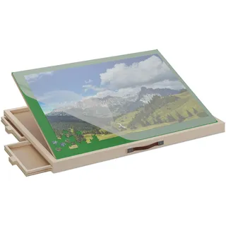 Relaxdays Puzzlebrett mit 4 Schubladen, für Puzzle bis 1000 Teile, neigbar, Holz Puzzlematte, Puzzleplateau, natur/grün