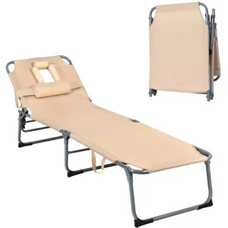FANTASK Sonnenliege Klappbar, 194 x 60 x 36 cm, Liegestuhl mit Gesichtsöffnung & Verstellbarer Rückenlehne, Gartenliege mit Kopfstütze, Strandliege, Sonnenstuhl für Garten, Strand (Beige)