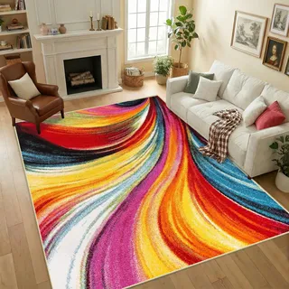 WQMMD Bunt Waschbare Teppiche 180x250cm Kinderzimmer Kurzflor rutschfest Moderne Wellen Muster Geometrische Teppich Maschinenwaschbar für Wohnzimmer Esszimmer küche Schlafzimmer (Rot Gelb Orange)