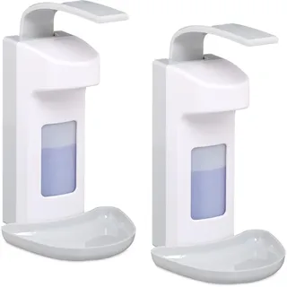 Relaxdays Desinfektionsspender, 2er Set, 500 ml, für Desinfektionsmittel & Seife, Eurospender mit Tropfschale, weiß/grau