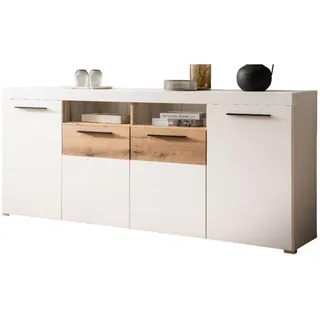 Sideboard weiß matt, Evoke Eiche, Kommode 205 cm, Soft-Close-Funktion , Weiß, Eichefarben , Metall , Nachbildung,Eiche , Uni , 6 Fächer , Rechteckig , 205x87x40 cm , FSC Mix , Kleinmöbel, Kommoden, Sideboards