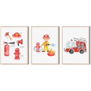 MeinBaby123® Bilder Kinderzimmer | 3er Set DIN A4 Poster Set Feuerwehr | Feuerwehrauto, Feuerwehrmann | Deko Kinderzimmer Junge | Babyzimmer Deko | Wandposter Premium (Feuerwehr V3)