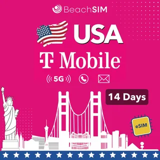 BeachSIM USA eSIM 14 Tage. Unbegrenztes Datenvolumen, Ortsgespräche und SMS im T-Mobile Netz. Schnelle Aktivierung. Einfaches Aufladen. Funktioniert mit eSIM-kompatiblen Geräten.