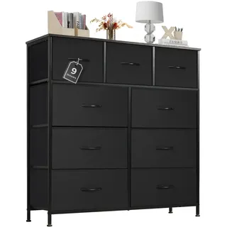 Sweetcrispy Kommode mit Stoff-Schubladen, Sideboard mit 9 Stoff-Schubladen, Schubladenschrank, Organisationsmöbel für Küche, Büro, Flur, TV-Schrank mit Schubladen, Schwarz
