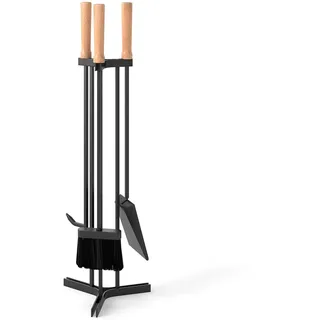 COSTWAY Kaminbesteck, 4-teilige Kamingarnitur mit Schürhaken, Schaufel, Besen und Ständer, Ofenbesteck mit Holzgriffen, Kaminzubehör, Kaminwerkzeug, modern, schwarz