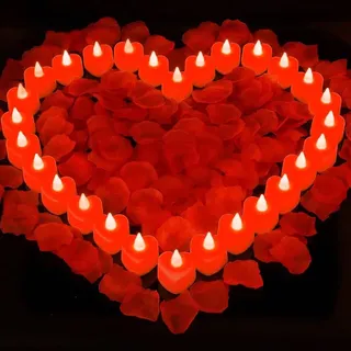 PLLYPE Herz Form LED Teelichter, 24 stück Herzförmige flammenlose LED teelicht, Herzförmige Flammelose Kerzen, mit 2000 Stück rosenblätter, für verlobung, heiratsantrag, Hochzeiten