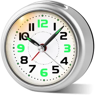Juboos Analoger Wecker ohne Ticken,Leiser Reisewecker mit Nachtlicht,Extra Lauter Alarm für Tiefschläfer, Batteriebetrieb, Kompakt für Kinder, Schlafzimmer, Nachttisch und Reise (Silber)