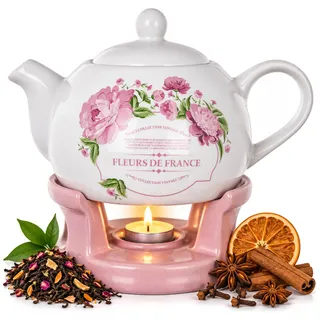 KADAX Teekanne 1L mit Stövchen Set, Kaffeekanne aus Porzellan mit Deckel, Griff und Teestövchen, Kanne mit Teelicht Wärmer für Tee, Teeservice (Rosa/Weiß)