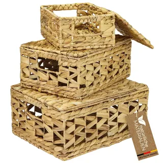 HMF Aufbewahrungskorb mit Deckel, 3er-Set, Korb geflochten aus Wasserhyazinthe | Klein, Mittel, Groß