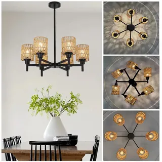 Hängelampe Rattan Groß, Kronleuchter Vintage Landhaus Ø 63cm Boho Küchenlampe Hängend Höhenverstellbar E27 Pendelleuchte Schwarz 6 flammig Rustikale Retro Esszimmerlampe für Küche Esstisch Wohnzimmer