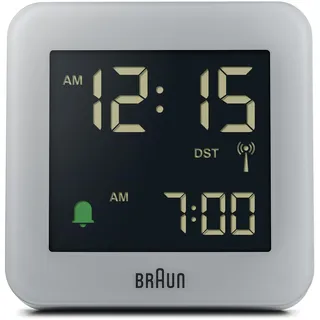 Braun Digitaler Funkwecker für die mitteleuropäische Zeitzone (DCF) mit Schlummerfunktion, LCD-Display, Schnelleinstellung und anschwellendem Alarm-Piepton in Grau, Modell BC09G-DCF.