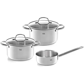 Fissler San Francisco/Edelstahl-Topfset, 3-teilig, Kochtopf-Set, Töpfe mit Glas-Deckel, Induktion (2 Kochtöpfe, 1 Stielkasserolle) – Induktion
