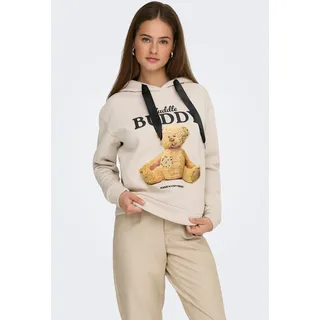 Kapuzensweatshirt ONLY "ONLRICKY L/S HOOD BOX SWT", Damen, Gr. M, pumice stone print:buddy, schwarz sateen strings, Sweatware, Obermaterial: 50% Baumwolle, 50% Polyester, bedruckt, regular fit, Rundhals, Sweatshirts Kapuzensweatshirt