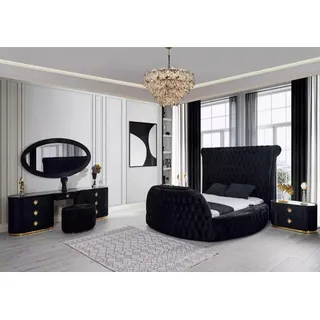 Schlafzimmer schwarz Set Bett 2x Nachttische Schminktisch Chesterfield 5tlg. - Schwarz