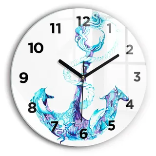 Wallfluent Große Wanduhr – Stilles Quarzuhrwerk - Uhr Dekoration Wohnzimmer Schlafzimmer Küche - Zifferblatt - schwarze Zeiger - 60 cm - Anker im Meer - Blau