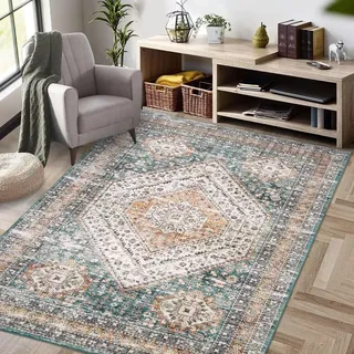 Zstar Teppiche, Schmutzabweisender Waschbarer Teppich Fusselfreie Teppiche für Wohnzimmer Schlafzimmer rutschfeste Rückseite Heimdekoration Bereichsteppich Blau Grün 160 x 230 cm