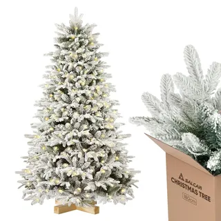 SALCAR Weiss Künstlicher Weihnachtsbaum mit Beleuchtung 180 cm, Schnee Tannenbaum Künstlich mit 330 LED, Handschuhen, Holzständer