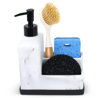 Spülseifenspender mit Schwammhalter, weißer Marmor-Look, Flüssigseifenspender und Schwamm-Caddy mit Bürstenhalter, 3-in-1-Arbeitsplatten-Organizer für Küchenspüle und Badezimmer, Weiß