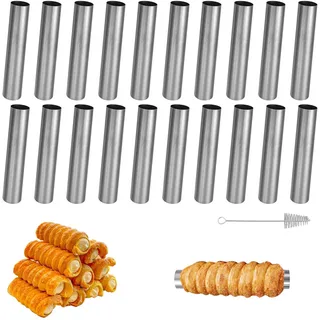 TTQiAnJ 20 Stück Cannoli Backform,Edelstahl Cannoli Röhrchen 12 x 2cm,Antihaft Schillerlockenform mit Reinigungsbürste Schaumrollenformen für Sahnehorn Croissant Backform,Silber