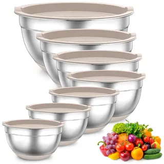 TEAMFAR Rührschüssel Set, 7 Stück Edelstahl Schüssel Salatschüssel mit Luftdichten Deckel und Silikonboden, 0,7L/1,2L/1,5L/2,5L/2,8L/3,5L/6,5L, Khaki