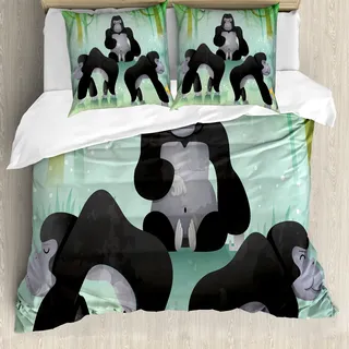 ABAKUHAUS Gorilla Bettbezug Set für Einzelbetten, Chunky Waldtiere, Milbensicher Allergiker geeignet mit Kissenbezug, 155 cm x 220 cm - 80 x 80 cm, Grau Grün - Grau