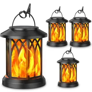GEARLITE Solar Laternen für Draußen, Solarlampen für Außen Hängend | Flammeneffekte LED Solarleuchten für Draußen mit Clips, IP65 Wasserdicht Gartendeko für Garten, Balkon, Schwarz, 4 Stück