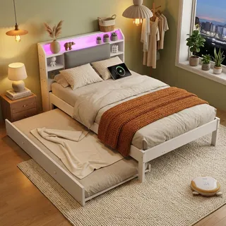 STILVORA Holzbett 120x200cm mit Ausziehbett 90x190cm und LED-Lichtleiste, Funktionsbett mit gepolstertem Kopfteil und Kopfteilregal, Bettgestell mit Ladestation - Weiß