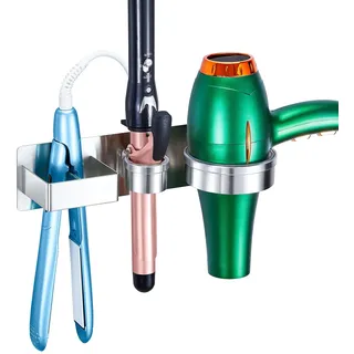 XILIMOR Föhn und Glätteisen Halterung, Fönhalter Ohne Bohren, 3-in-1 Fönhalterung Bad Haartrocknerhalter Wandhalterung Föhn Halterung Für Glätteisen, Lockenstab, Fön Aufbewahrung Föhnhalter (Silber)