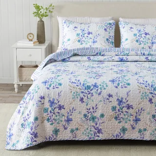 Great Bay Home 2-teilige Tagesdecke für Doppelbett, wendbar, leicht, mit 1 Kissenbezug, für alle Jahreszeiten, Blaue Blumen-Bettwäsche-Sets,April Quilts Collection