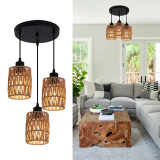 JIINOO Rattan Pendelleuchten, Industrielle Braune Hängebeleuchtung, verstellbarer gewebter Korbleuchter, Bauernhaus Korb Deckenleuchte für Küche Insel Esszimmer Schlafzimmer Foyer Flur, 3 Licht