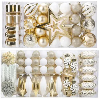 Amidian 88 Stück Christbaumkugeln aus bruchsicherem Kunststoff für Weihnachtsdekoration (Gold + Weiß)
