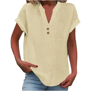 Musselin Bluse Damen Oversized Kurzarm V-Ausschnitt Tshirt mit Knöpfen Leinenbluse Sommer Oberteile Hemdbluse Baumwolle Leinen Shirt Große Größen Leichte Lose Blusen