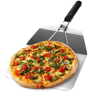 com-four® Pizzaschaufel aus rostfreiem Edelstahl - Pizza- und Kuchenheber mit klappbaren Griff - Pizzaschieber für Pizza, Flammkuchen, Brötchen und Brot (silberfarben/schwarz - eckig)