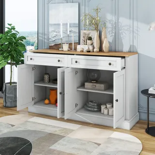 MODFU Großes Sideboard Kommode Standschrank mit 4 Türen und 2 Schubladen, moderner Buffetschrank für Esszimmer und Wohnzimmer, 150 x 40 x 86 cm (L/B/H) Weiß+Natur - Weiß