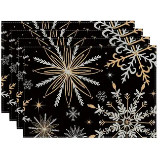 Artoid Mode Schwarz Gold Schneeflocken Weihnachten Platzsets 4er Set, 30x45cm Winter Xmas Tischset Waschbar Platzdeckchen Küche Party Deko