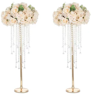 Sziqiqi 75cm Metall Goldene Vasen mit Kristall Kette Hochzeits Tisch – 2 Stück Hoch Vase Blumensäulenständer für Blumenarrangements, Große Blumenvasen für Hochzeitsfeiern Straßenführungen