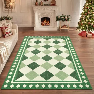 Geanup Kariert Teppich Wohnzimmer 120×180 cm, Grün Waschbarer Moderner Esszimmer Teppich, Kurzflor rutschfest Faux Wool Weich Schlafzimmer Carpet, Boho Groß Mat für Küche Arbeitszimmer Badezimmer