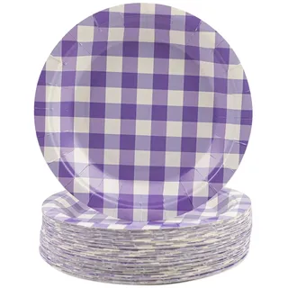 HFBOBP 50 Stück Gingham Teller, 18cm Lila karierte Pappteller kariert Dessertteller Einweg Party Teller Geschirr Geschirr für Picknick Hochzeit Geburtstage Camping Party Supplies Dekorationen