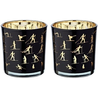 Edzard 2er-Set Teelichtglas Monty (Höhe 8 cm, ø 7,5 cm), Windlicht mit Skisport Motiv, innen Gold/außen schwarz