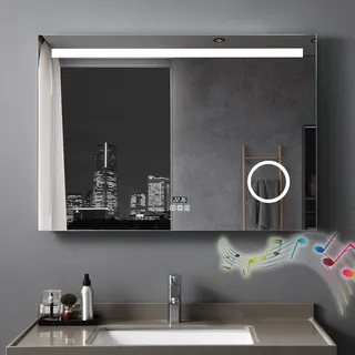 MEESALISA LED Badspiegel mit Beleuchtung 120x80 cm, Bad Spiegel Groß badezimmerspiegel mit Steckdose + Uhr und Bluetooth Touch Dimmbar Warmweiß/Kaltweiß Licht Antibeschlag Wandspiegel