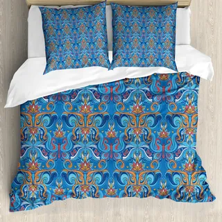 ABAKUHAUS Blau Bettbezug Set, Abstraktes Blumenmuster mit Paisley beeinflußt aufwändige Locken wirbelte Blätter, 200 x 200 cm + 80 x 80 cm, Blau Orange Coral